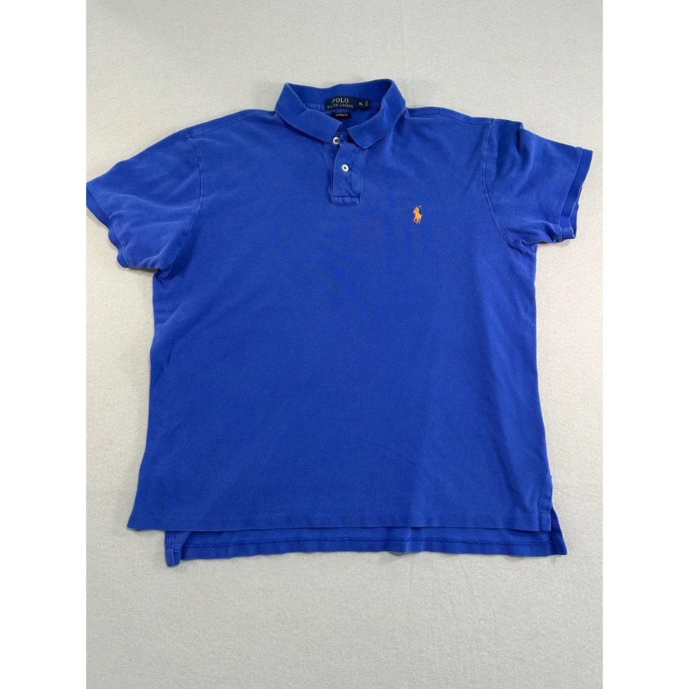 Polo Ralph Lauren Polo Shirt Mens XL Blue Custom Fit Orange Pony Short Sleeve